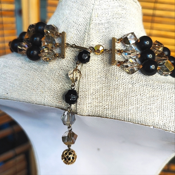 Triple Strand Glass Crystal Smoke Aurora Borealis Vintage Beaded Necklace Black - Picture 3 of 10